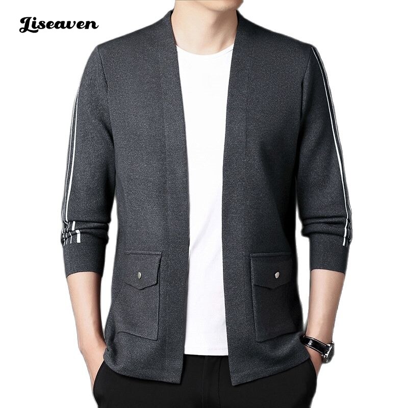 Liseaven-포켓이 있는 남성 스웨터, 남성 재킷, 단색 니트 스웨터, 니트웨어, 따뜻한 스웨터 코트, 가디건, 남성 의류